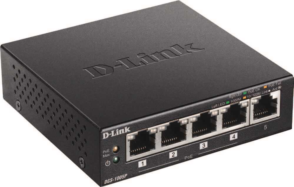 D-Link DGS-1005P/B 5-port 10/100/1000Base-T Unmanaged Switch with 4 PoE , 60W PoE Power budget (UK Plug)