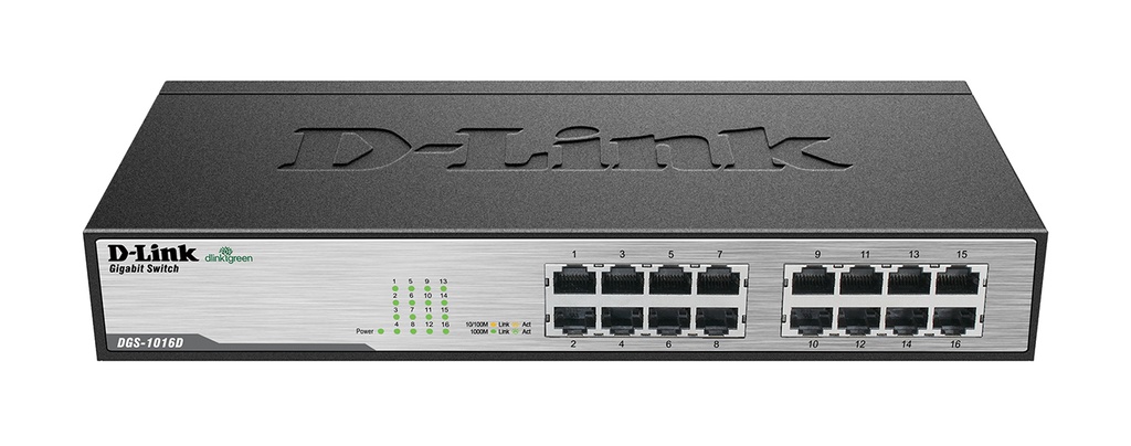 D-Link DGS-1016D/B 16-port 10/100/1000Base-T Unmanaged Green Desktop Gigabit Switch (rackmountable) UK plug