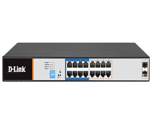 [DGS-F1210-18PS-E] D-Link DGS-F1210-18PS-E 16-port Gigabit Long Range 250m PoE+ Smart Switch with 16 PoE ports, 2 SFP ports
